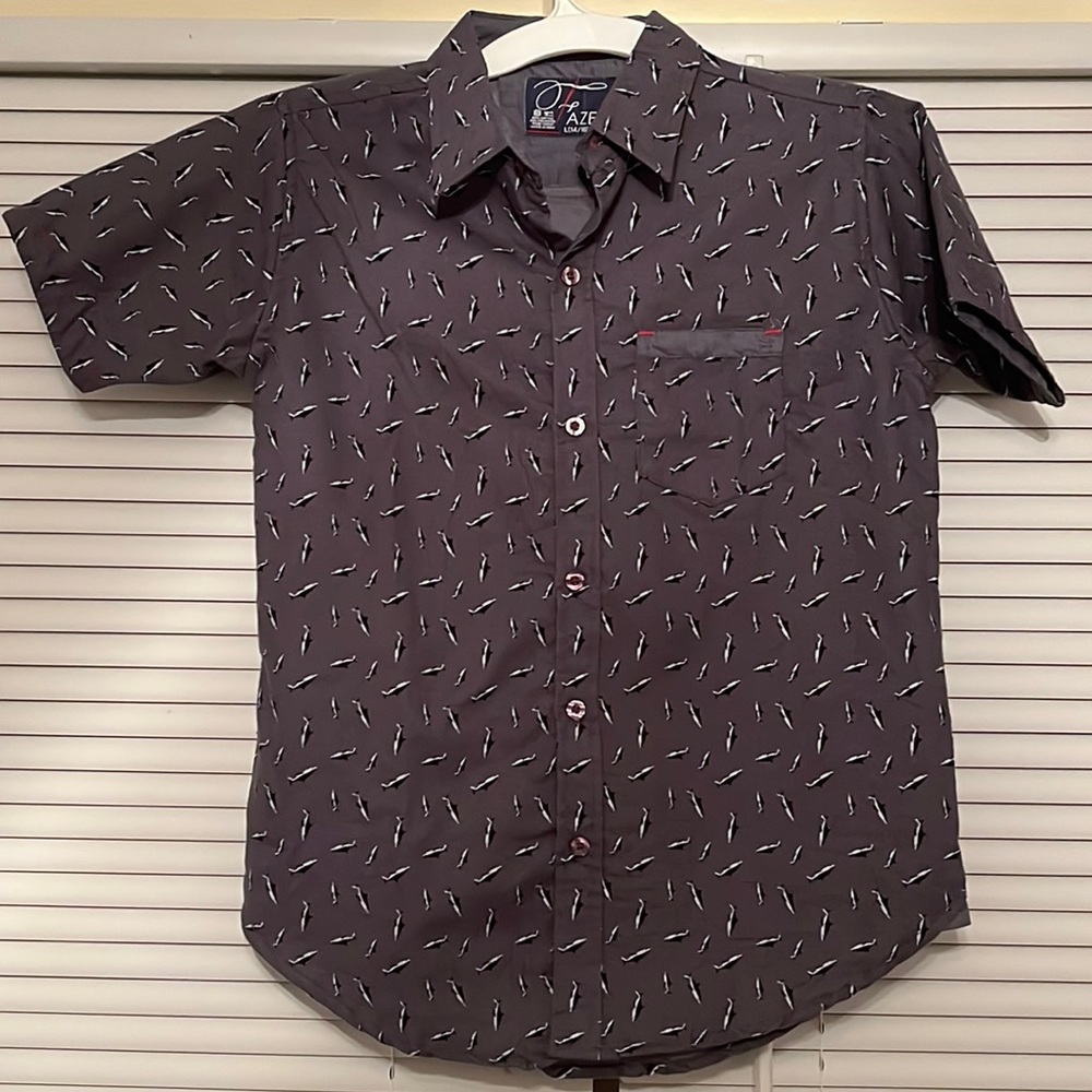 Grey shark button down kids shirt